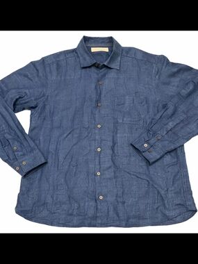 Tommy Bahama 100% Linen Button Down Shirt Blue Textured Luxury Coastal Mens L/G